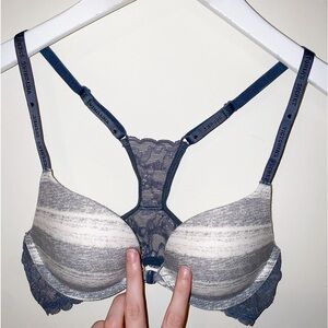 Victoria’s Secret Grey Lace Racerback Push Up Bra Front Clasp size 32A